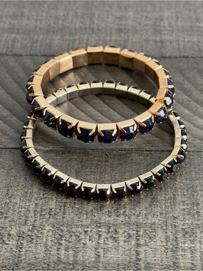 Black and Navy Crystals and Gold-Tone Stretch Bracelets - Set of 2